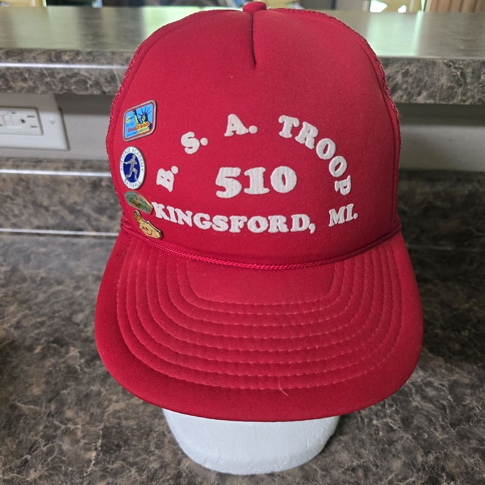 Vintage Boy Scouts BSA Troop 510 Kingsford MI Red Trucker‎ Hat w/ 4 Scout Pins